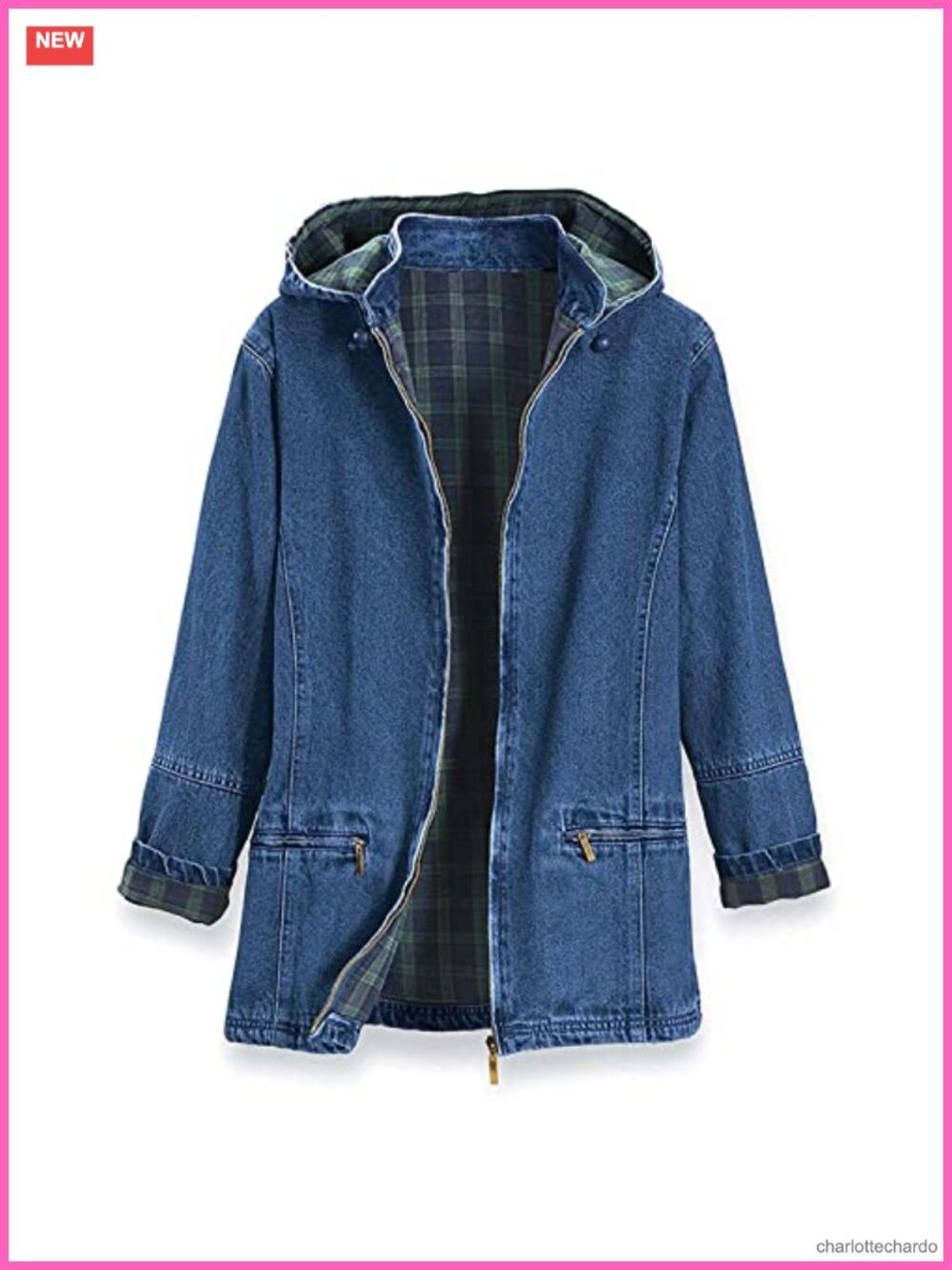 Women's Flannel Lined Denim Jacket with Detachable Hood, Zip Front